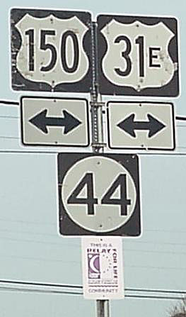 Kentucky - State Highway 44, U. S. highway 31E, and U.S. Highway 150 sign.