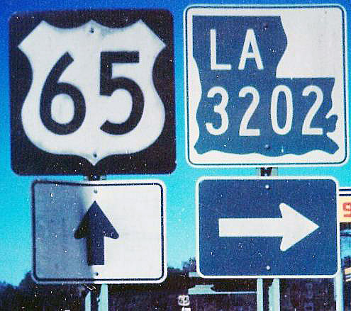 Louisiana - State Highway 3202 and U.S. Highway 65 sign.