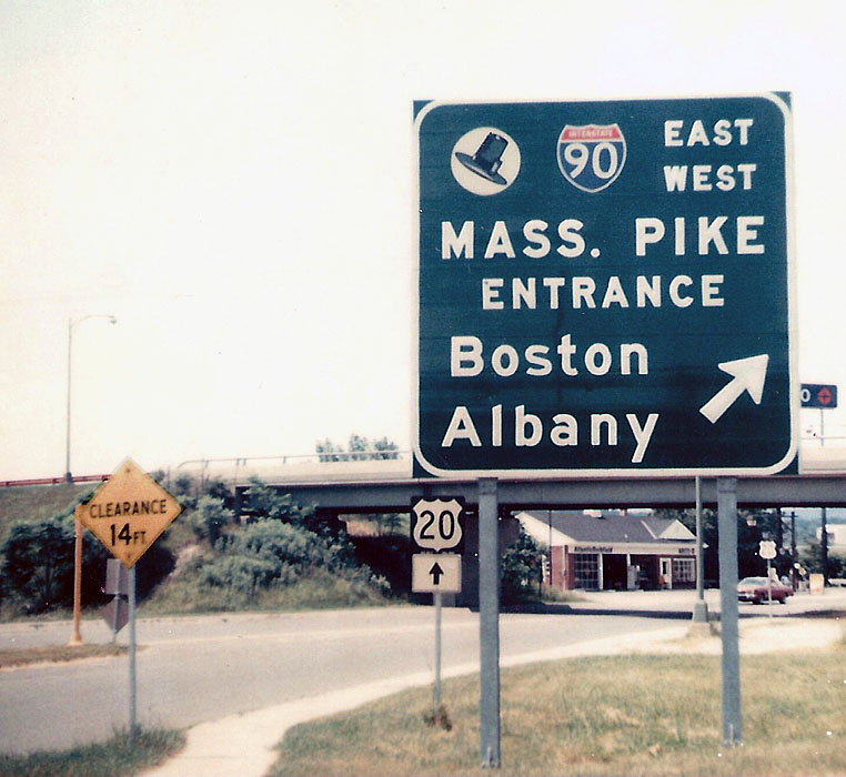 Massachusetts - U.S. Highway 20, Interstate 90, and Massachusetts Turnpike sign.