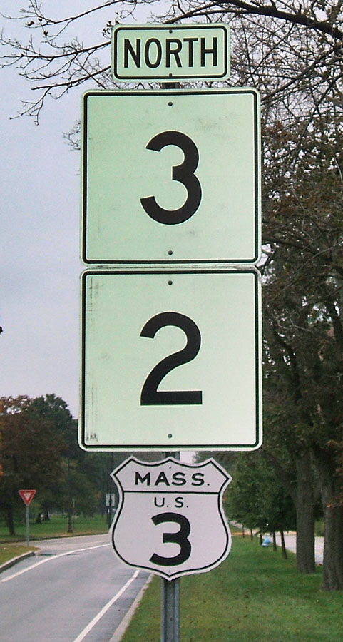 Massachusetts - U.S. Highway 3, State Highway 2, and State Highway 3 sign.