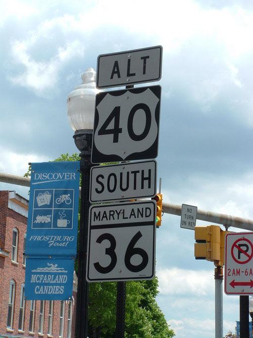 Maryland - State Highway 36 and U.S. Highway 40 sign.