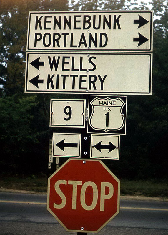 Maine - State Highway 9 and U.S. Highway 1 sign.