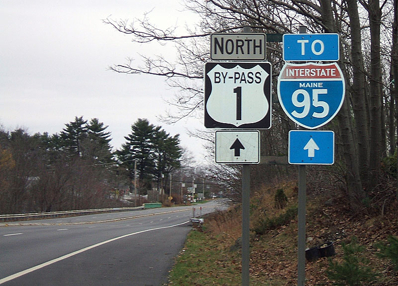 Maine - Interstate 95 and by-pass U. S. highway 1 sign.