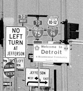 Michigan - Interstate 75, U. S. highway 10 and 12, and business spur 96 sign.