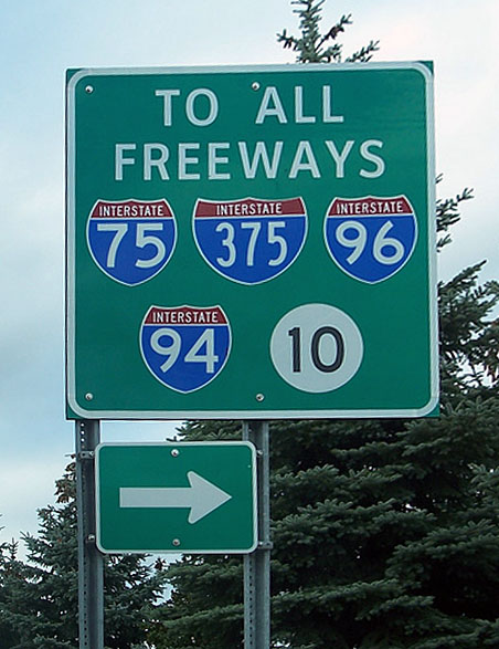 Michigan - Interstate 375, Interstate 96, State Highway 10, Interstate 94, and Interstate 75 sign.