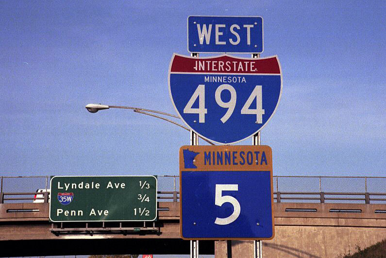 Minnesota - Interstate 494, interstate highway 35W, and State Highway 5 sign.