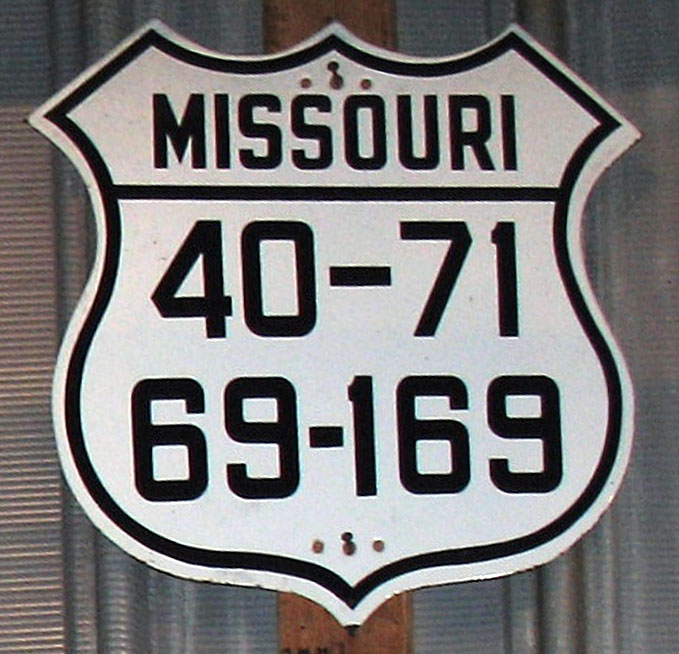 Missouri U. S. highway 40, 69, 71, 169 sign.