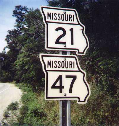 Missouri - State Highway 47 and State Highway 21 sign.