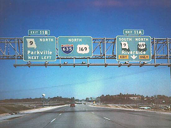 Missouri - U.S. Highway 169, Interstate 635, U.S. Highway 69, and State Highway 9 sign.