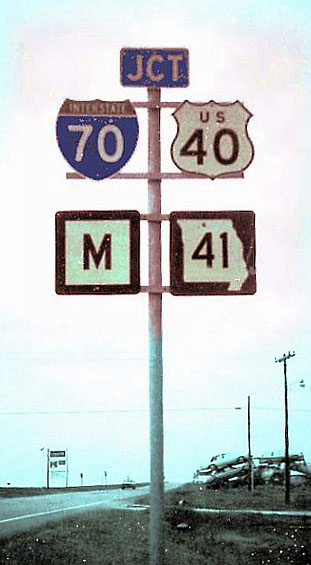 Missouri - state secondary highway M, State Highway 41, U.S. Highway 40, and Interstate 70 sign.