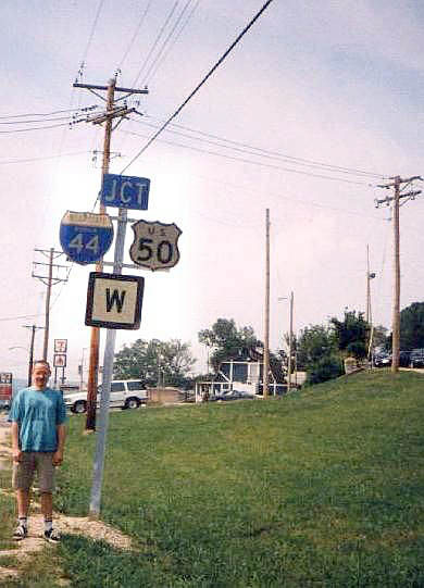 Missouri - U.S. Highway 50, Interstate 44, and state secondary highway W sign.