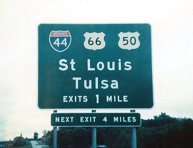 Missouri - U.S. Highway 66, U.S. Highway 50, and Interstate 44 sign.