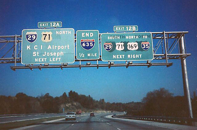 Missouri - Interstate 35, U.S. Highway 169, Interstate 635, U.S. Highway 71, and Interstate 29 sign.