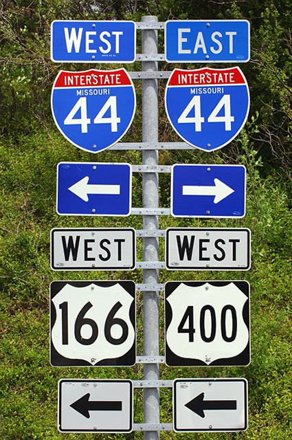 Missouri - U.S. Highway 166, Interstate 44, and U.S. Highway 400 sign.