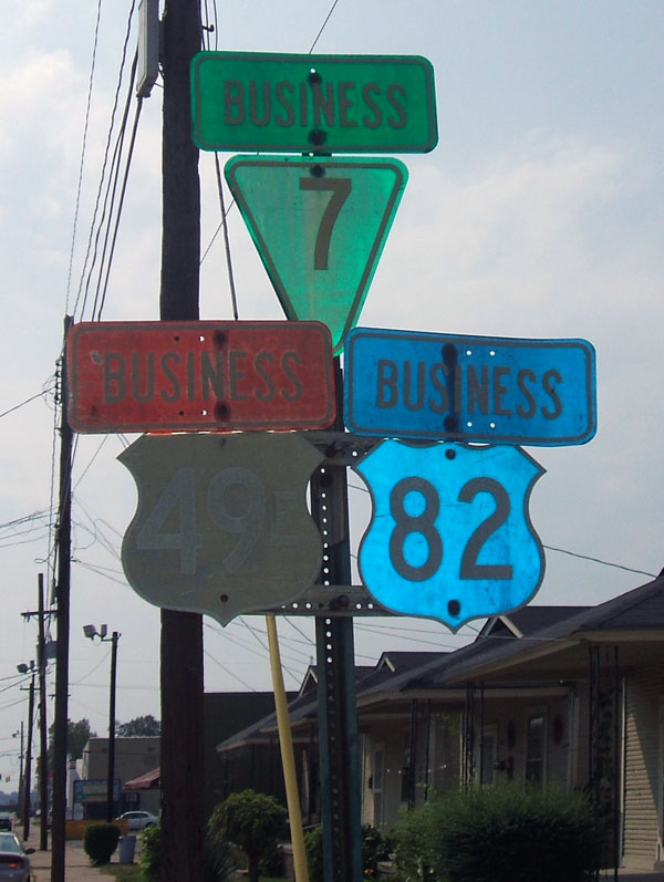 Mississippi - U.S. Highway 82, U. S. highway 49E, and State Highway 7 sign.