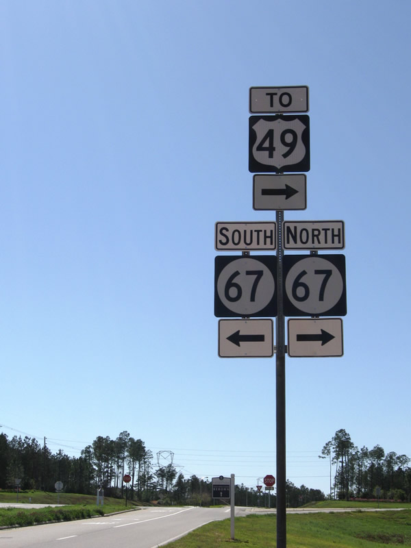 Mississippi - State Highway 67 and U.S. Highway 49 sign.