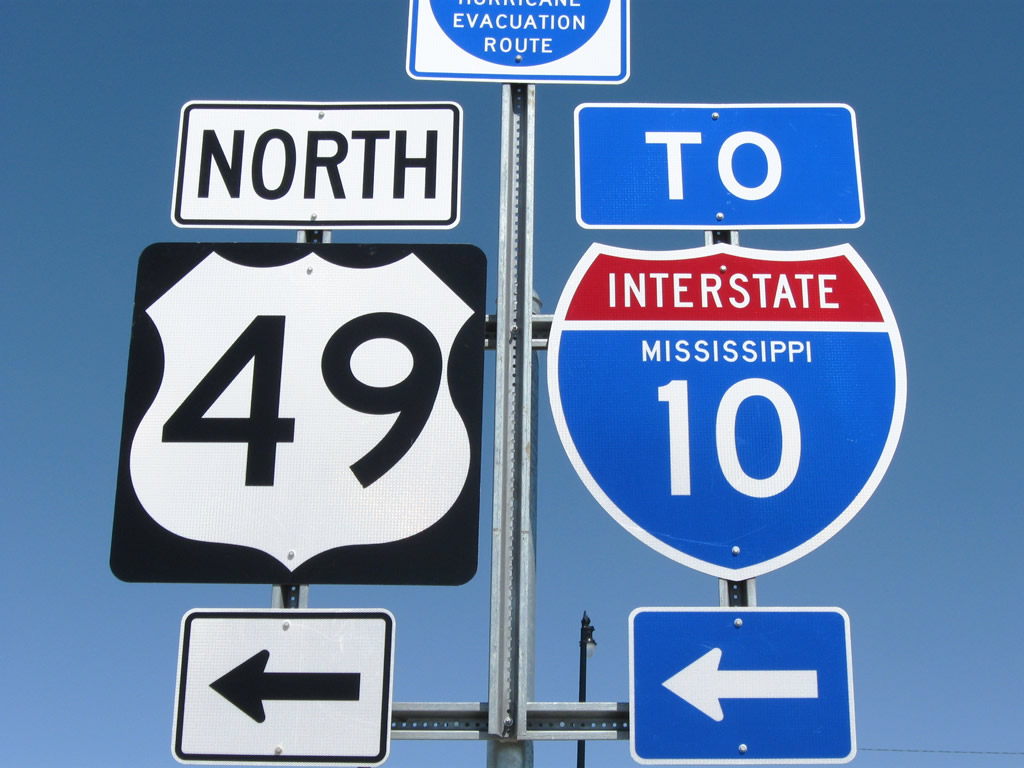 Mississippi - U.S. Highway 49 and Interstate 10 sign.