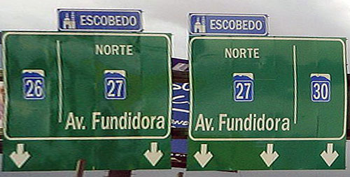 Mexico - Nuevo Leon state highway 30, Nuevo Leon state highway 27, and Nuevo Leon state highway 26 sign.