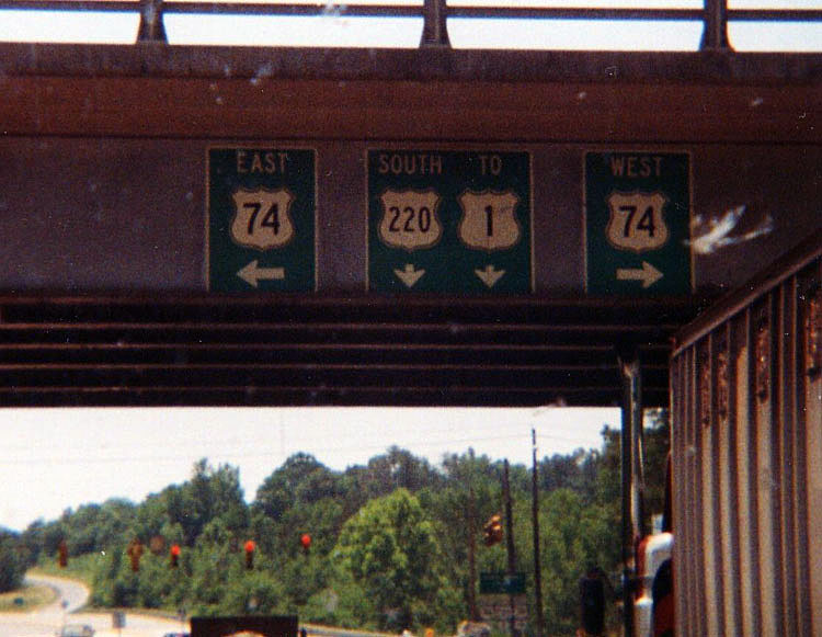 North Carolina - U.S. Highway 1, U.S. Highway 220, and U.S. Highway 74 sign.