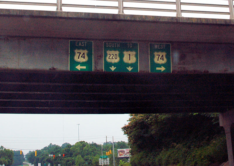 North Carolina - U.S. Highway 1, U.S. Highway 220, and U.S. Highway 74 sign.