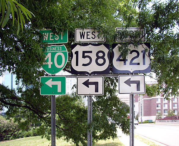 North Carolina - business loop 40, U.S. Highway 421, and U.S. Highway 158 sign.