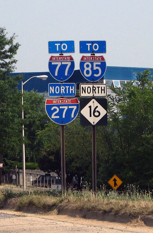 North Carolina - Interstate 277, State Highway 16, Interstate 85, and Interstate 77 sign.