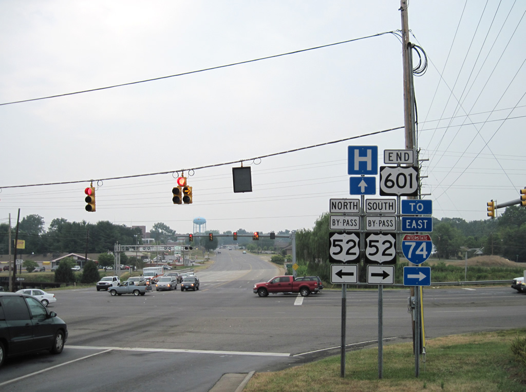 North Carolina - U.S. Highway 601, U.S. Highway 52, and Interstate 74 sign.