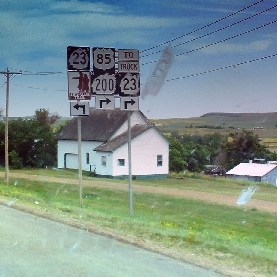 North Dakota - Lewis and Clark Trail, State Highway 200, U.S. Highway 85, and State Highway 23 sign.