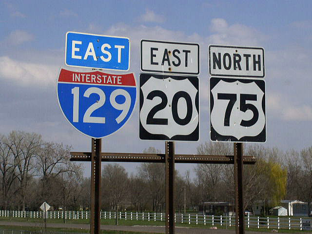 Nebraska - Interstate 129, U.S. Highway 75, and U.S. Highway 20 sign.