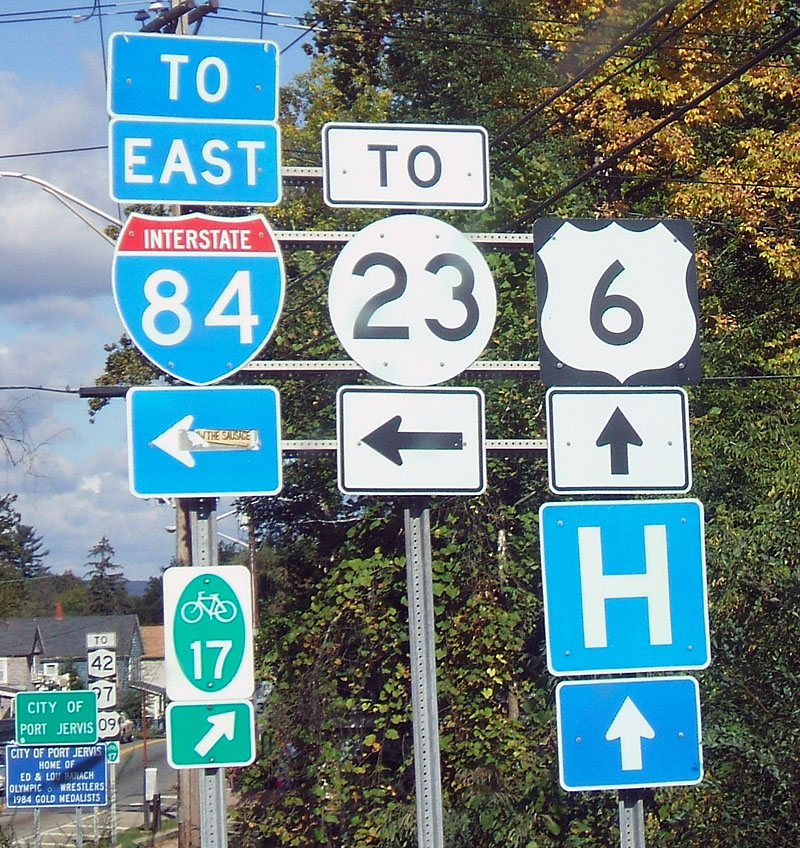 New York and New Jersey - State Highway 23, Interstate 84, and U.S. Highway 6 sign.