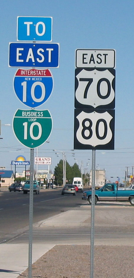 New Mexico - U.S. Highway 80, U.S. Highway 70, business loop 10, and Interstate 10 sign.