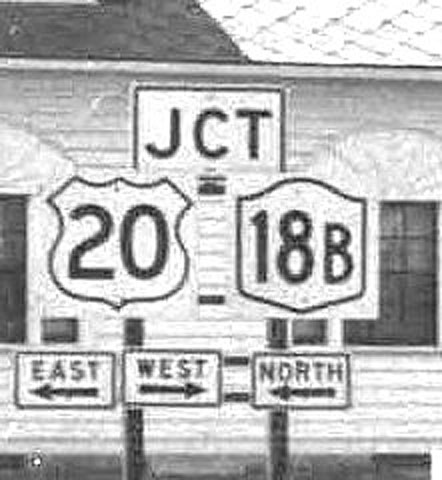 New York - state highway 18B and U.S. Highway 20 sign.