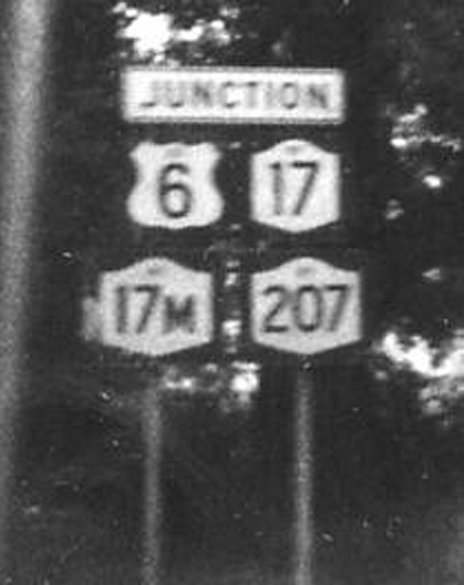 New York - State Highway 207, state highway 17M, State Highway 17, and U.S. Highway 6 sign.