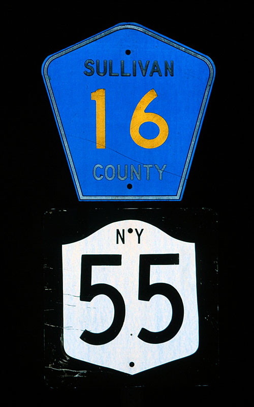 New York - State Highway 55 and Sullivan County route 16 sign.