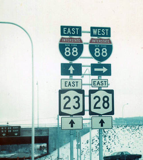 New York - Interstate 88, State Highway 23, and State Highway 28 sign.