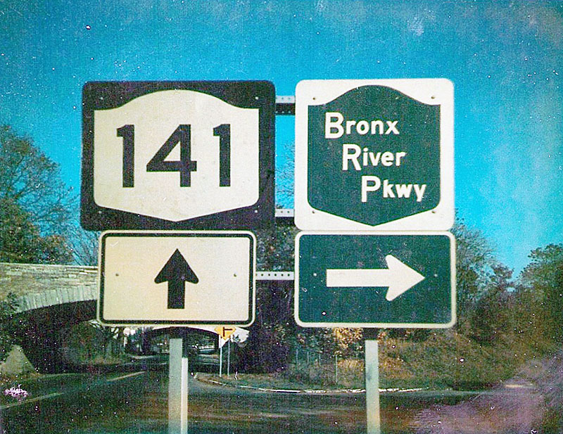 New York - State Highway 141 and Bronx River Parkway sign.
