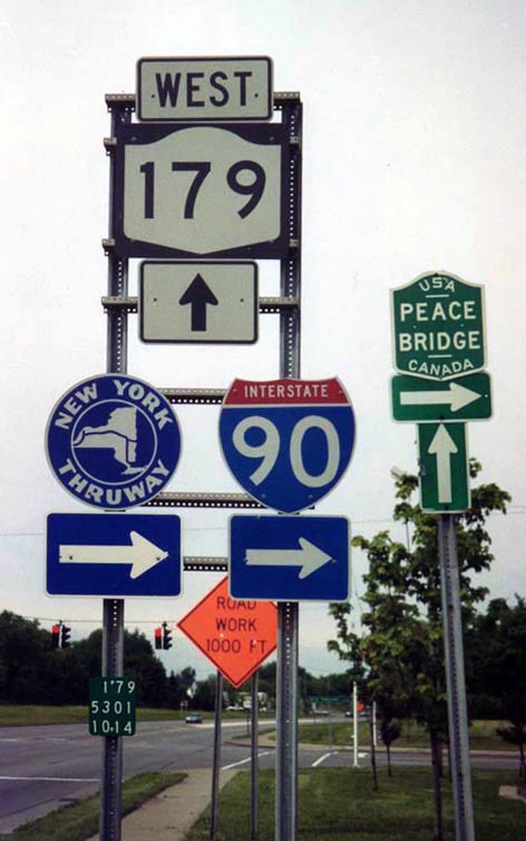 New York - State Highway 179, Interstate 90, New York Thruway, and USA-Canada Peace Bridge sign.