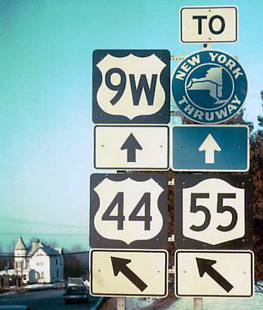 New York - New York Thruway, State Highway 55, U.S. Highway 44, and U. S. highway 9W sign.