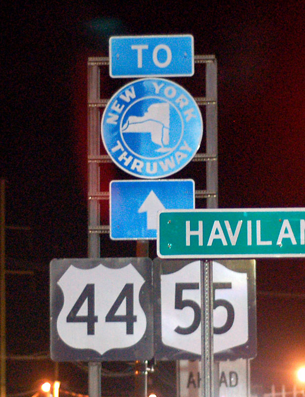 New York - State Highway 55, U.S. Highway 44, and New York Thruway sign.