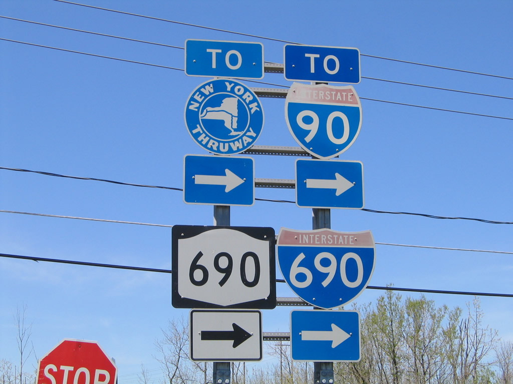 New York - Interstate 690, Interstate 90, New York Thruway, and State Highway 690 sign.
