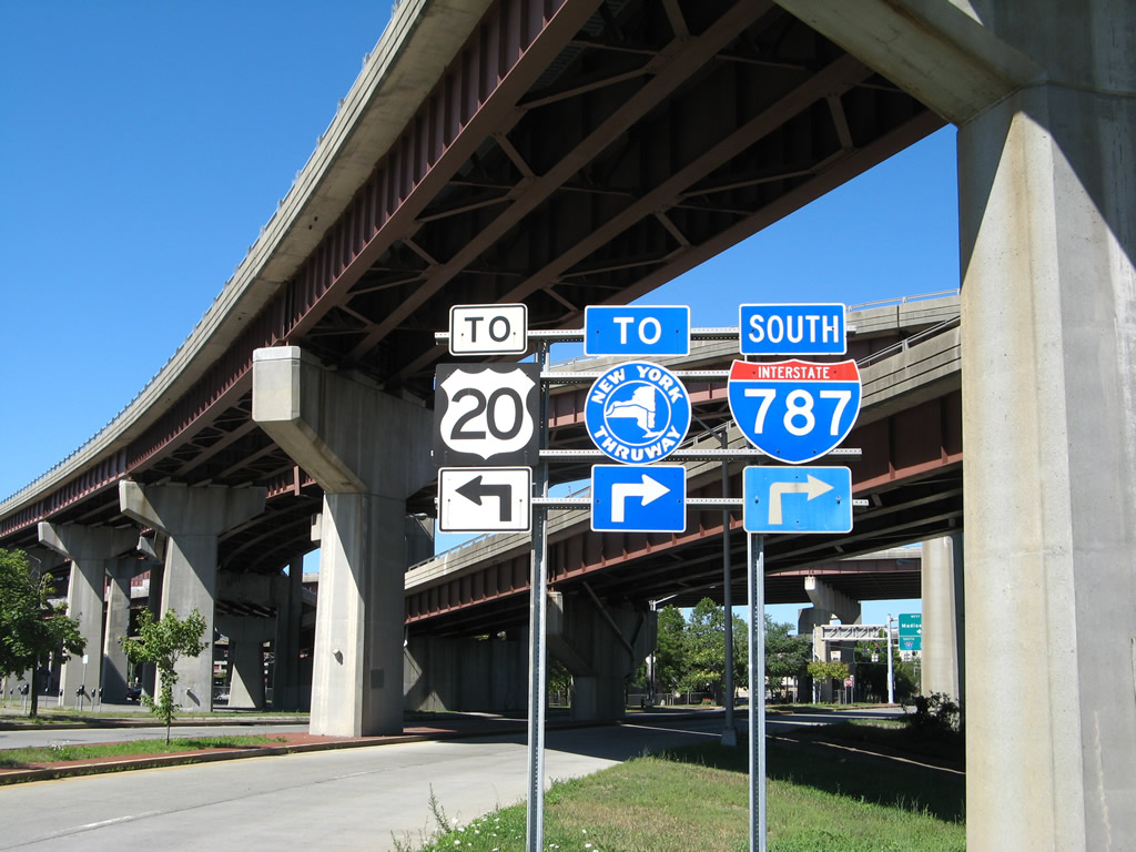 New York - Interstate 787, New York Thruway, and U.S. Highway 20 sign.