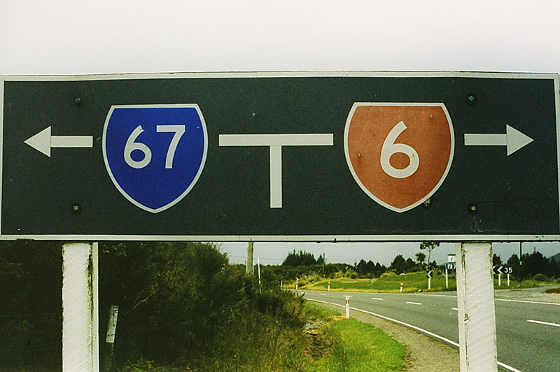 New Zealand - State Highway 6 and Provincial Highway 67 sign.