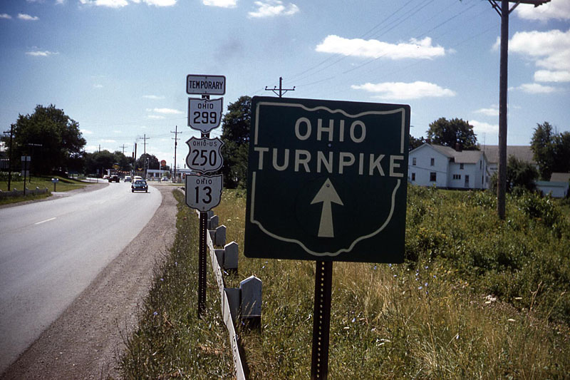 Ohio - Ohio Turnpike, State Highway 13, U.S. Highway 250, and State Highway 299 sign.