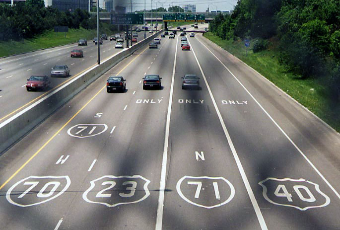 Ohio - U.S. Highway 23, U.S. Highway 40, Interstate 71, and Interstate 70 sign.