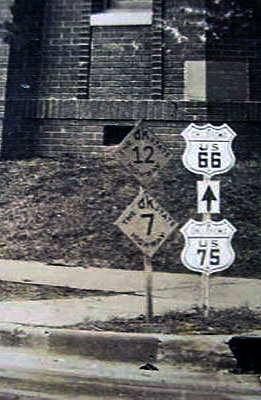 Oklahoma - State Highway 7, State Highway 12, U.S. Highway 75, and U.S. Highway 66 sign.