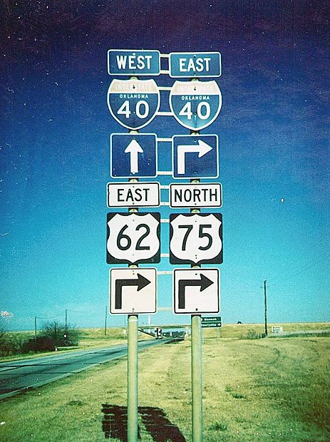 Oklahoma - U.S. Highway 75, U.S. Highway 62, and Interstate 40 sign.