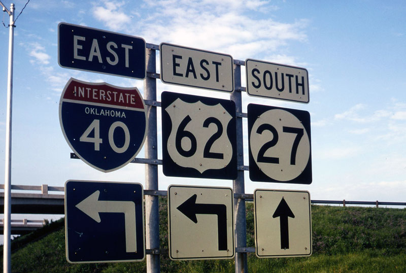 Oklahoma - State Highway 27, U.S. Highway 62, and Interstate 40 sign.