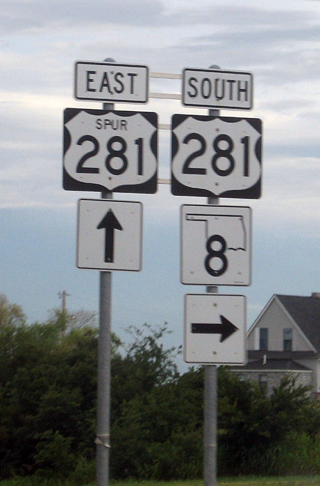 Oklahoma - State Highway 8, U.S. Highway 281, and spur U. S. highway 281 sign.