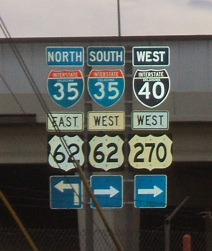 Oklahoma - U.S. Highway 270, U.S. Highway 62, Interstate 40, and Interstate 35 sign.