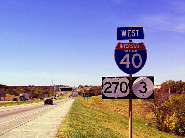 Oklahoma - Interstate 40, State Highway 3, and U.S. Highway 270 sign.